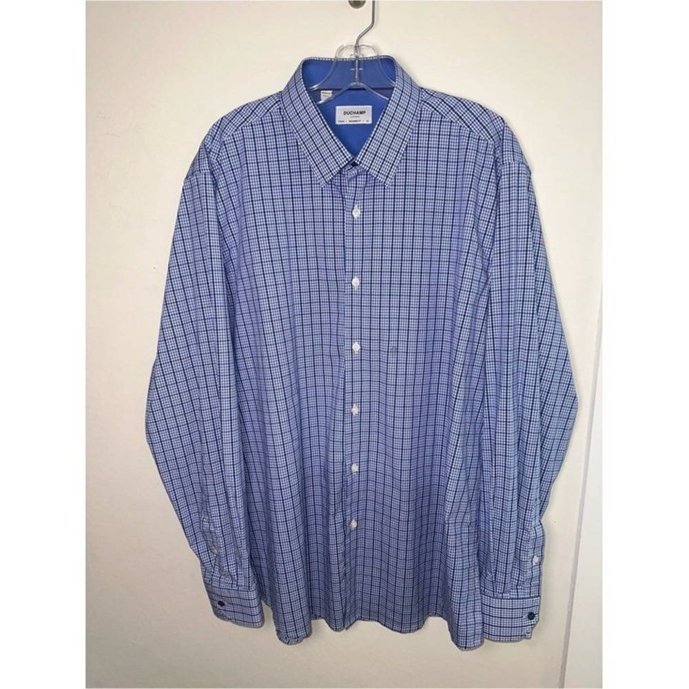 Duchamp London Mens Blue White Gingham Tailored Fit Button Down Shirt XL 17.5